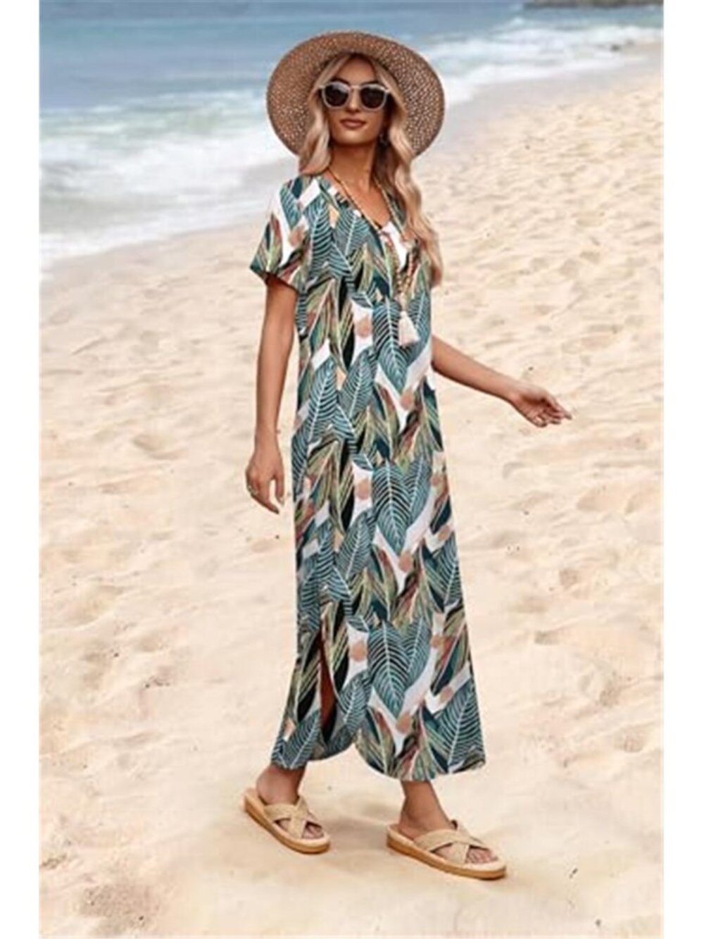Womens V Neck Midi Dress Side Slit Casual Summer Vacation Beach Dress - Picture 4 of 5